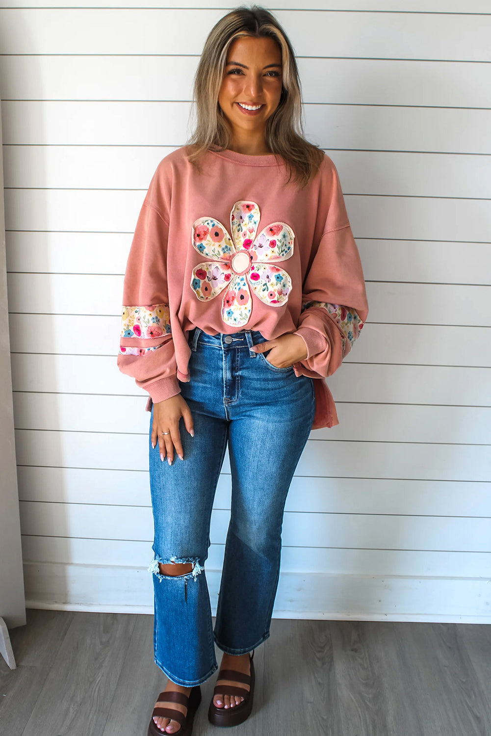 Peach Blossom Flower Applique Patchwork Drop Sleeve Pullover Sweatshirt 8a2263c2e19ff8d1
