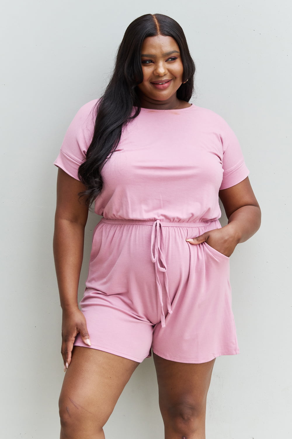 Zenana Chilled Out Full Size Short Sleeve Romper in Light Carnation Pink 8a242165683d4a0198baba07ad149a5e-Max