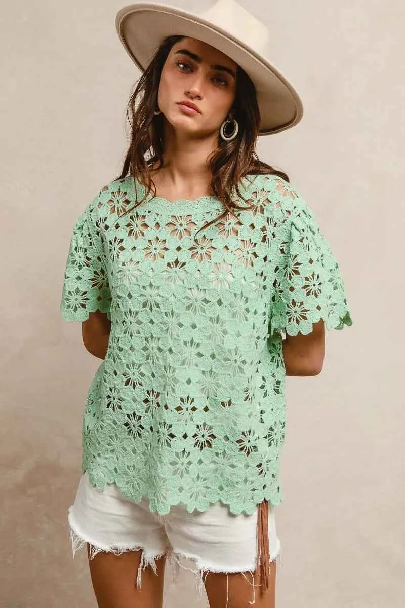 BiBi Openwork Crochet Short Sleeve Knit Top LT GREEN 8a26c0fc79c34f5c81988531bf339988-Max-Origin