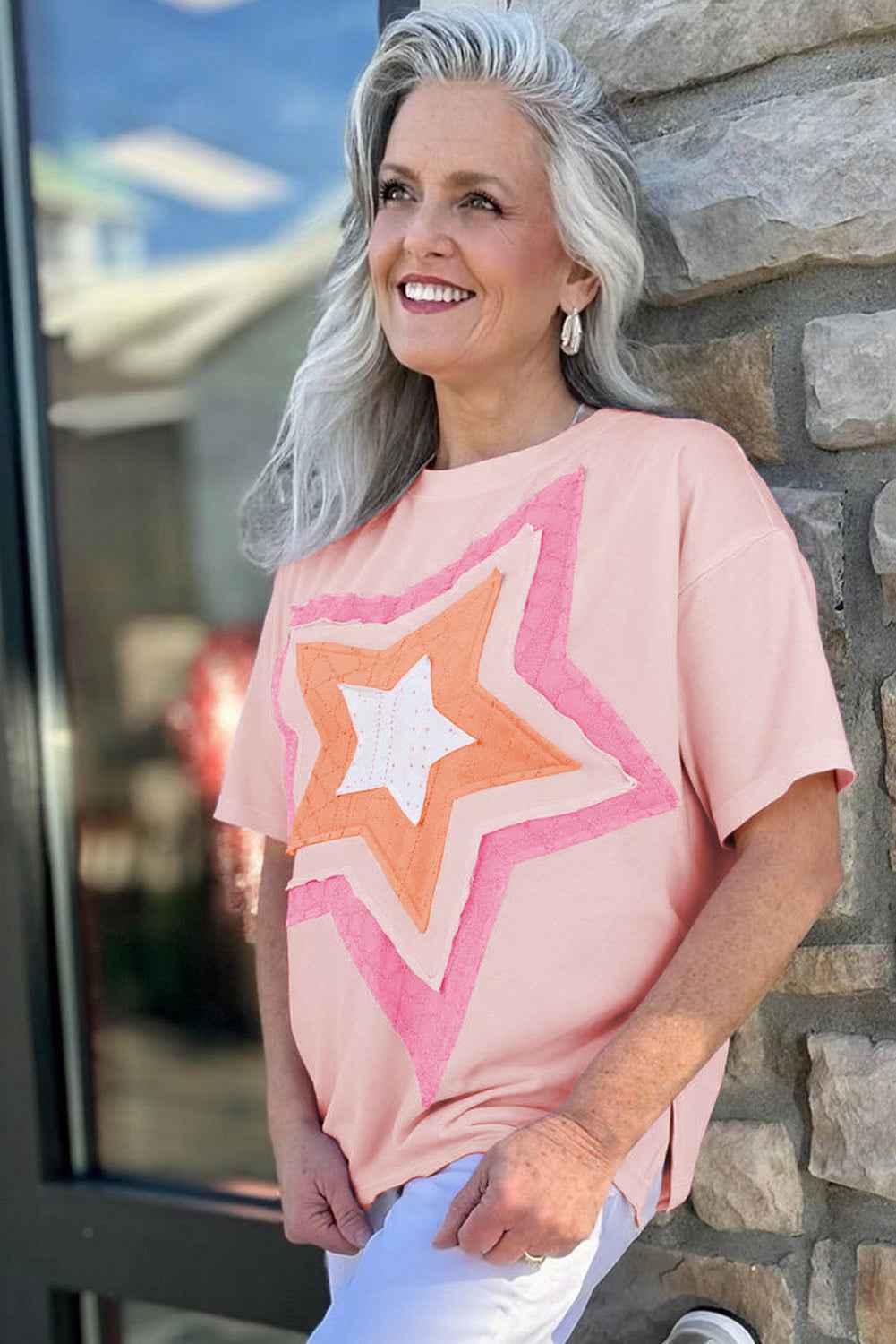 Light Pink Eyelet Colorblock Star Applique Plus Size T Shirt 8a33198204c336d5