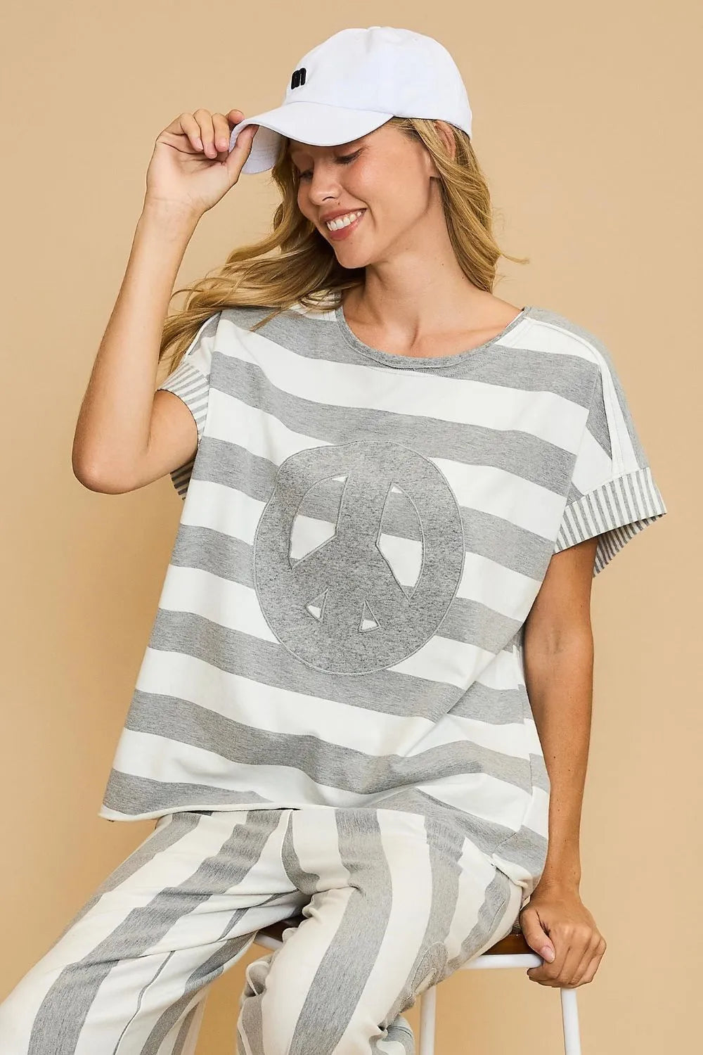 Umgee Peace Sign Patch Striped French Terry T-Shirt Gray 8a46ed8d-5378-4751-b164-24c766f7ea0b-Max