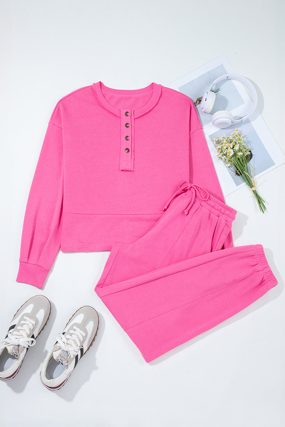 Bright Pink Raw Edge Henley Pullover and Jogger Pants Set 8a6036bfa5640b1a