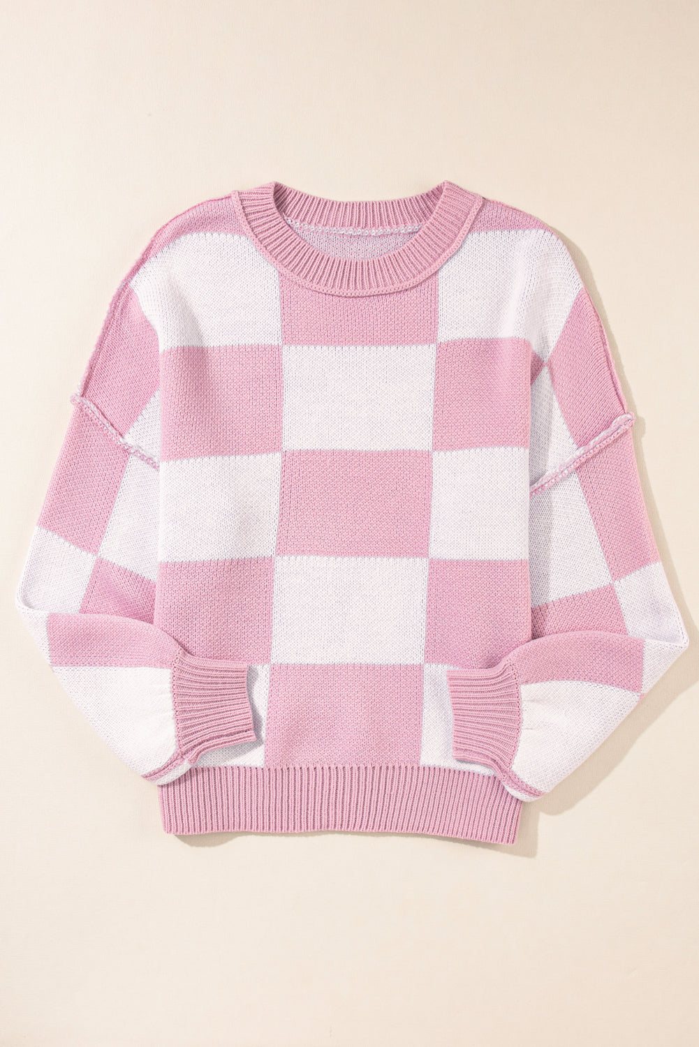Pink Checked Bishop Sleeve Pullover Sweater 8a810d18c3ed6657