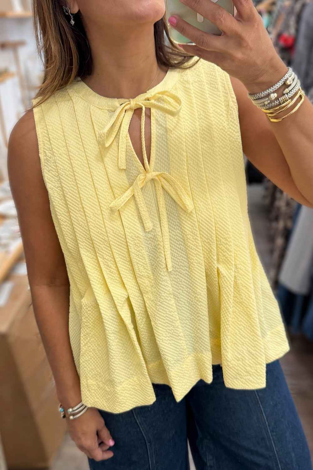 Yellow Cream Bow Tie Notched Neck Pleated Sleeveless Top 8a968de171f0a9a1