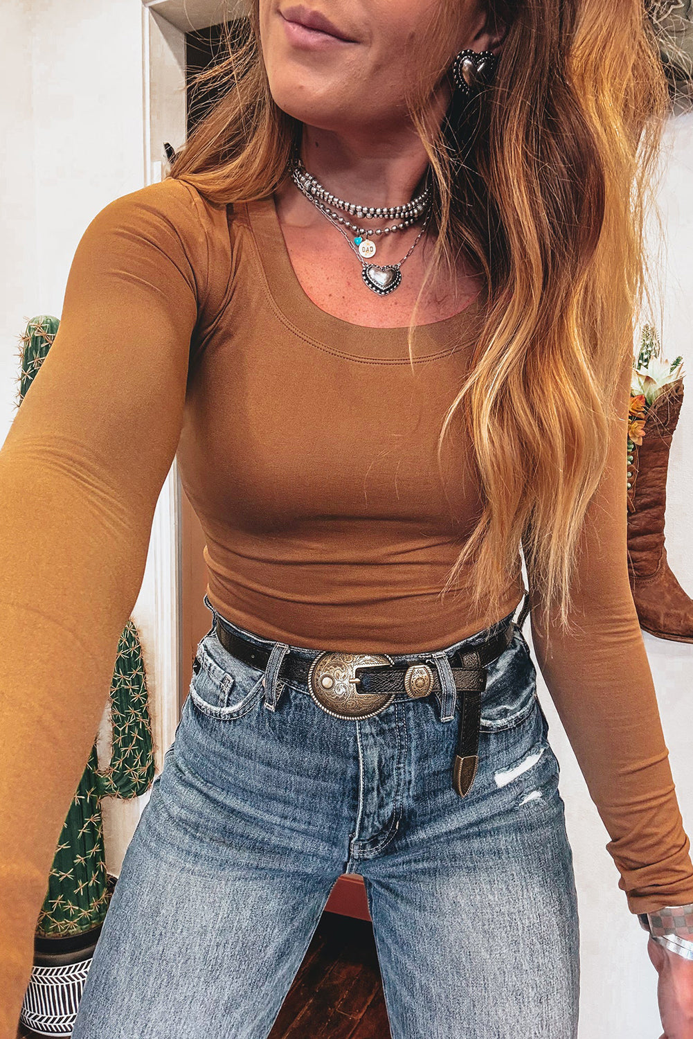 Chestnut Solid Color Long Sleeve Slim Fit Top 8aa182527b8c1848