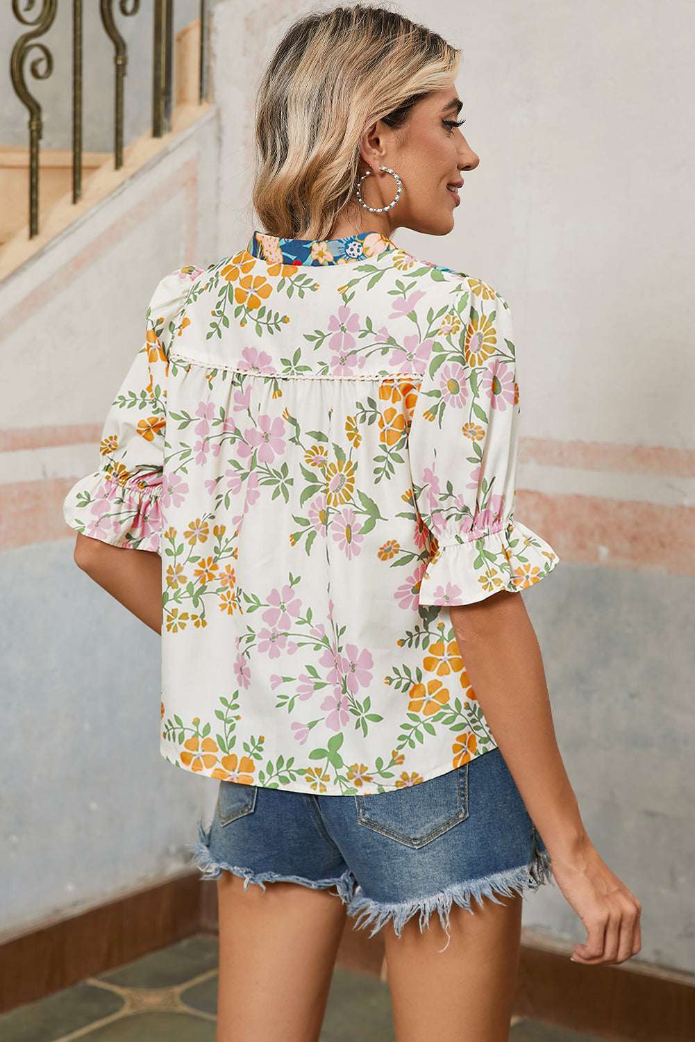 Multicolour Half Sleeve Boho Floral Pop of Color Neckline Blouse 8aa875b83c6396cd-_2