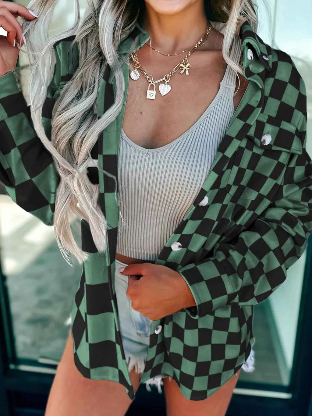 Checkered Pattern Button Up Oversized Jacket Dark Green 8abdb703999a4e5daed6fbe6399b1059-Max-Origin