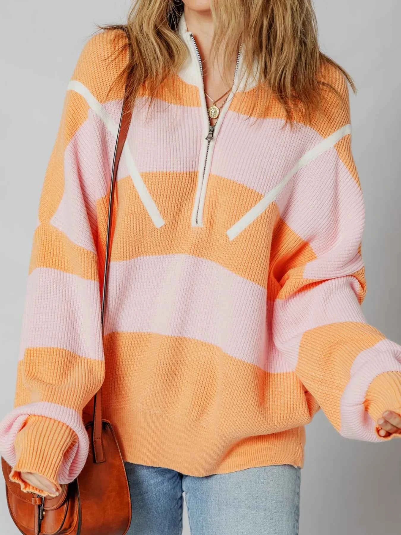 Stripe Color Block Half Zip Oversize Sweater Sherbet 8ac142c3e41b4f82a5a48ed8490035f8-Max-Origin