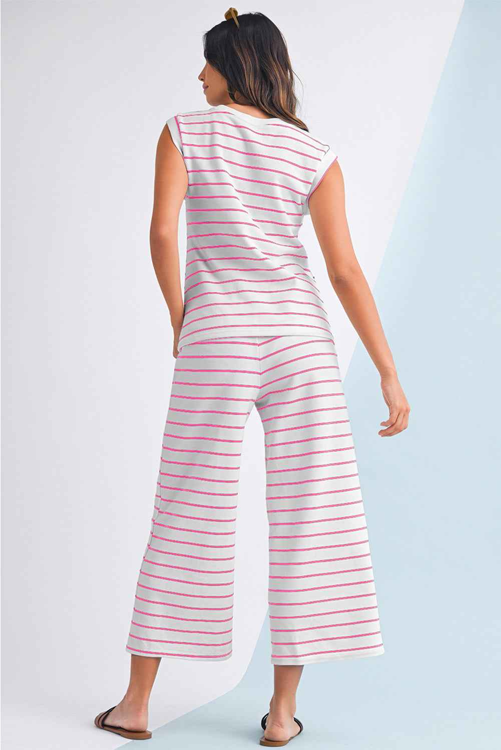 Sail Blue Casual Striped Tee and Wide Leg Pants Set 8ac1589bd307f2e9