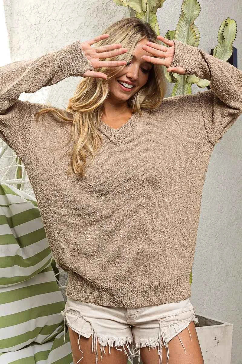 BiBi Raw Edged Popcorn Texture V-neck Sweater LATTE 8ac624ef31184d5b9d5ef569bcf98c50-Max-Origin