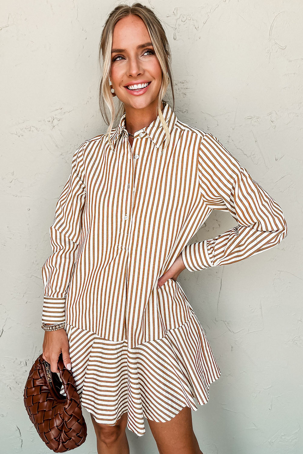 Brown Stripe Ruffle Hem Collared Long Sleeve Shirt Mini Dress 8adccfcb68f10427