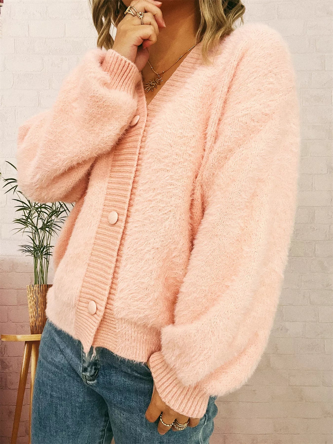 Fuzzy Button-Up Long Sleeve Cardigan Pink One Size 8ae3d38178d7414c88fa1dbf4b2ece65-Max-Origin