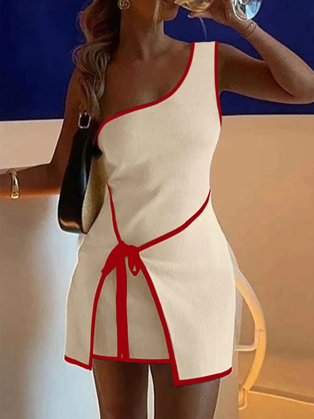Contrast Trim Single Shoulder Mini Dress 8ae552e8-0ab5-4097-9815-d73ec3f0e1c8-Max-Origin