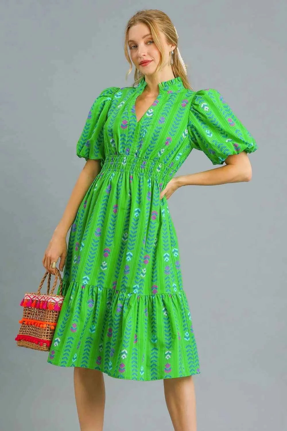 Umgee Printed Midi Dress with Ruffled Hem Green 8ae6ba40-a7e4-4991-acfa-787e9ee3fff9-Max-Origin