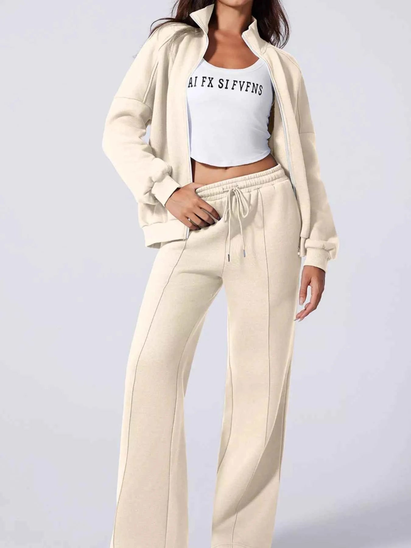 Drop Shoulder Zip Up Jacket and Drawstring Pants Active 2pcs Set Beige 8b03969b-f04f-43be-b9bb-9954a891e171-Max-Origin