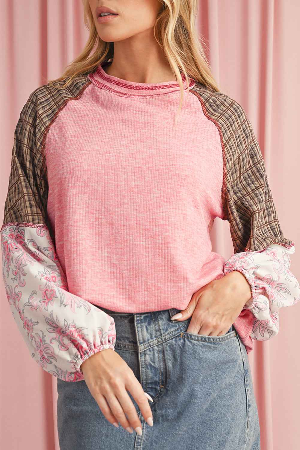 Jet Stream Floral Plaid Mixed Print Patchwork Raglan Ribbed Top 8b0eec9485996e07