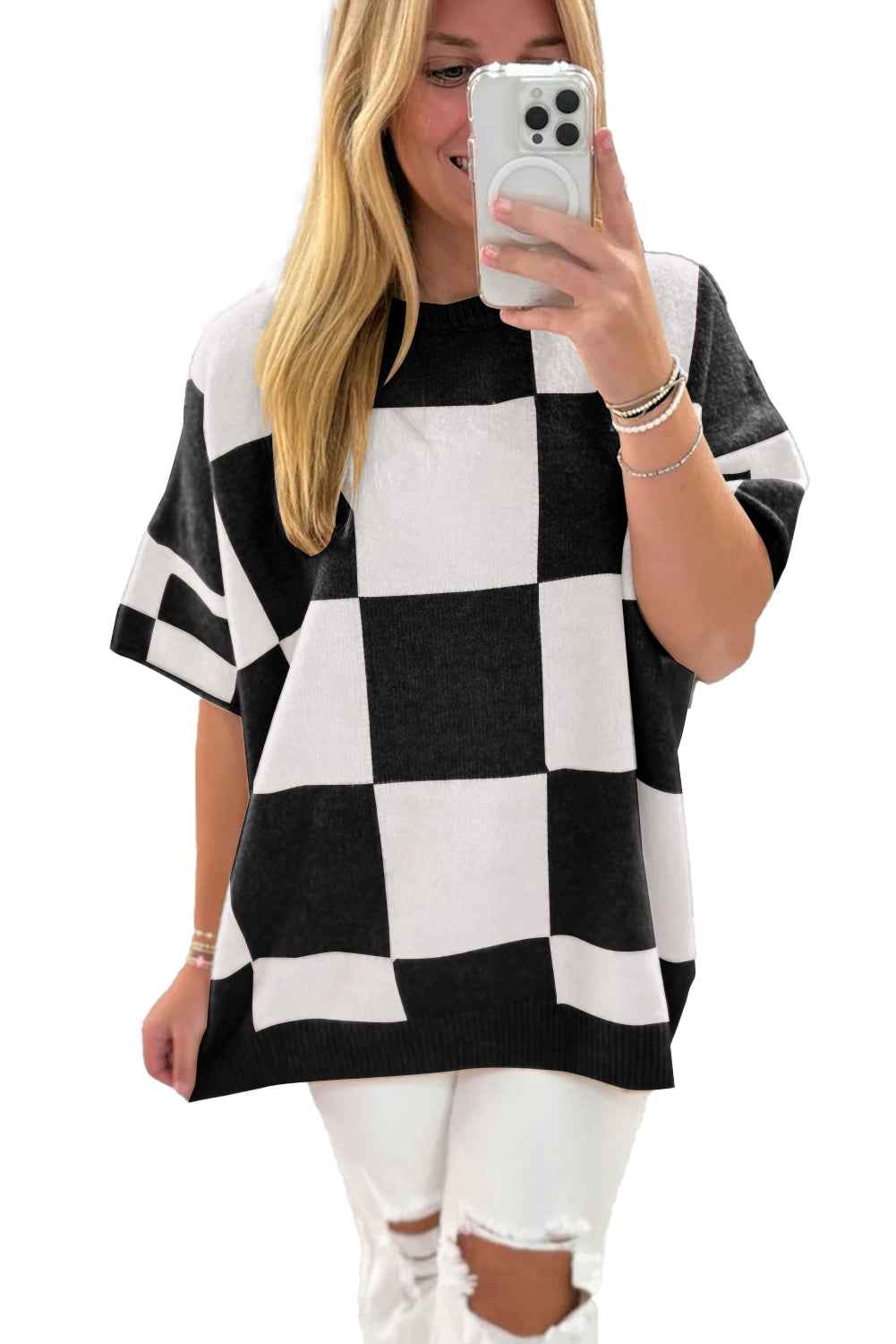 Black Checkered Pattern Loose Short Sleeve Sweater 8b187eb655ea2320