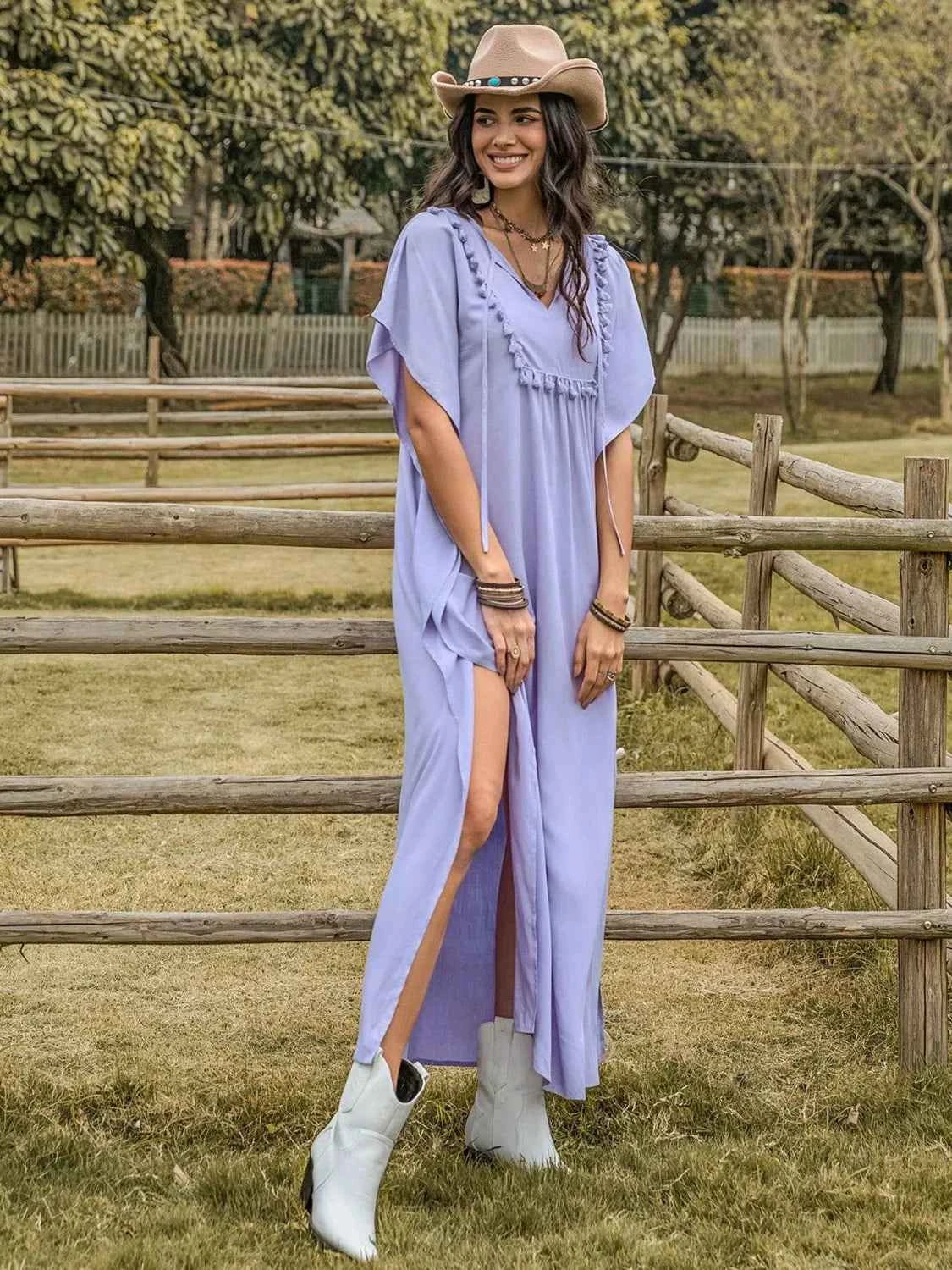 Side Slit Tie Neck Flutter Sleeve Dress 8b21fbd0-48b8-494a-9115-a0532a0c87c8-Max-Origin