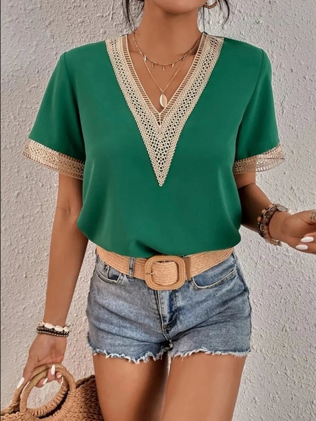 Full Size V-Neck Short Sleeve Blouse Plus Size Dark Green 8b4ce202-e6f3-474c-8740-b3eb6cb8f398-Max-Origin