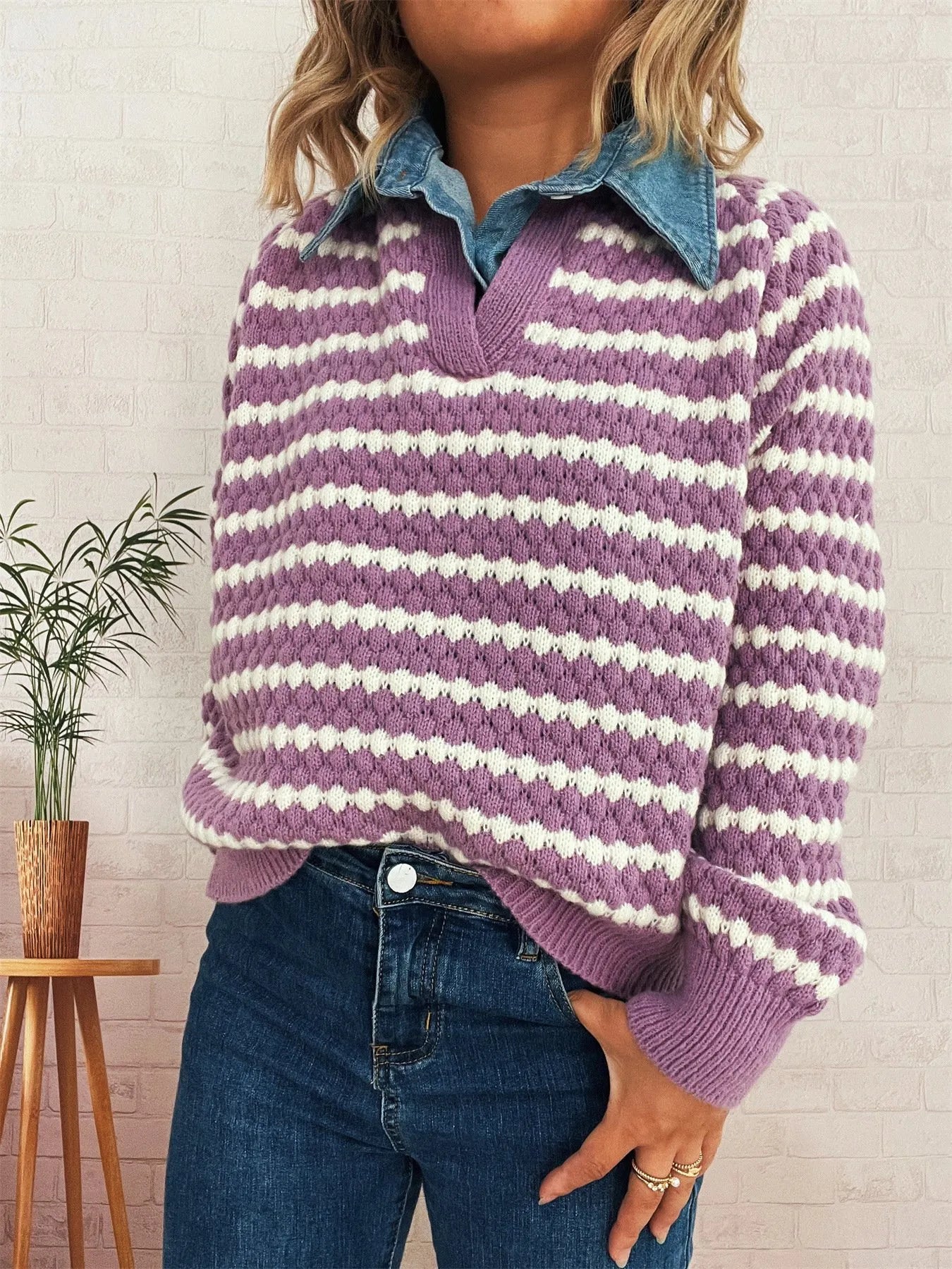 Contrast Striped Sweater with Denim Collar 8b4d6c59-7a5f-452d-a09e-f0dd88f409cf-Max-Origin
