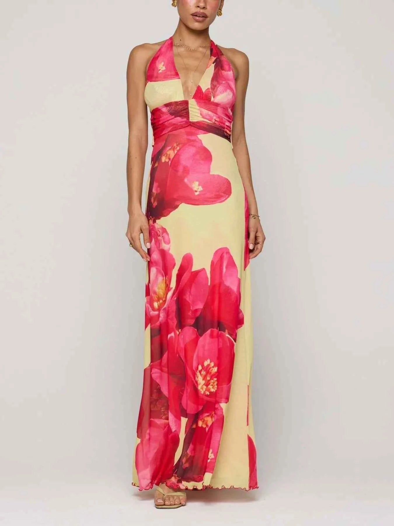Floral Halter Neck Deep V Maxi Dress Red 8b515ef0-1ad2-4b62-880b-f525683467ca-Max-Origin