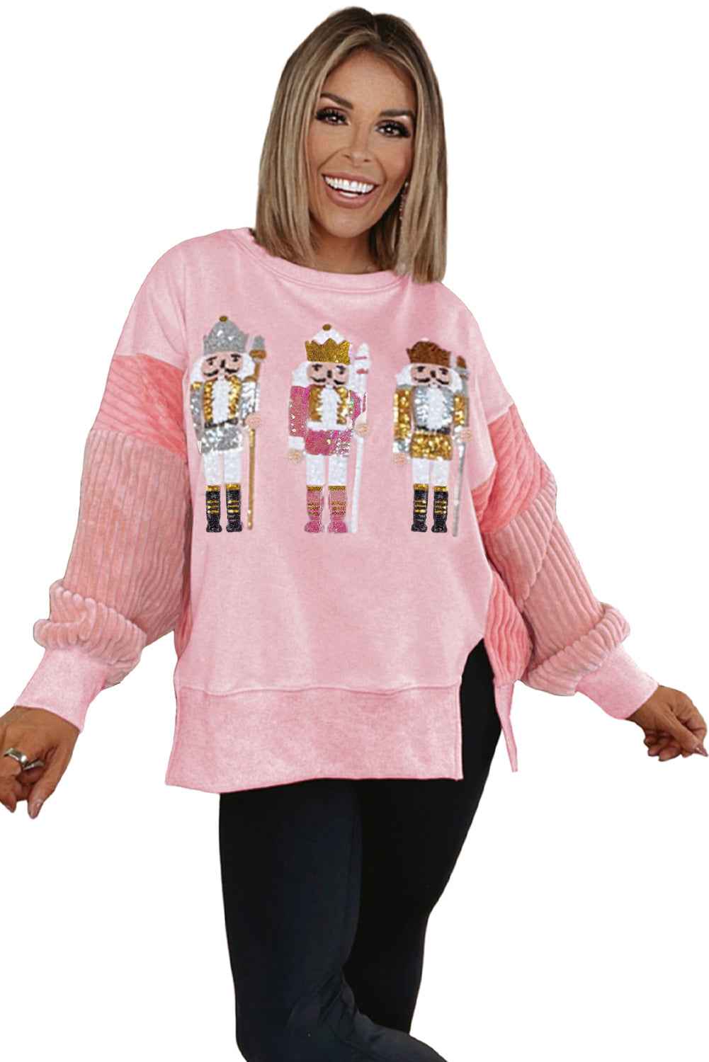 Light Pink Sequin Nutcracker Textured Sleeve Patchwork Sweatshirt Light Pink 50%Polyester+50%Cotton 8b65beb6d894a0ec