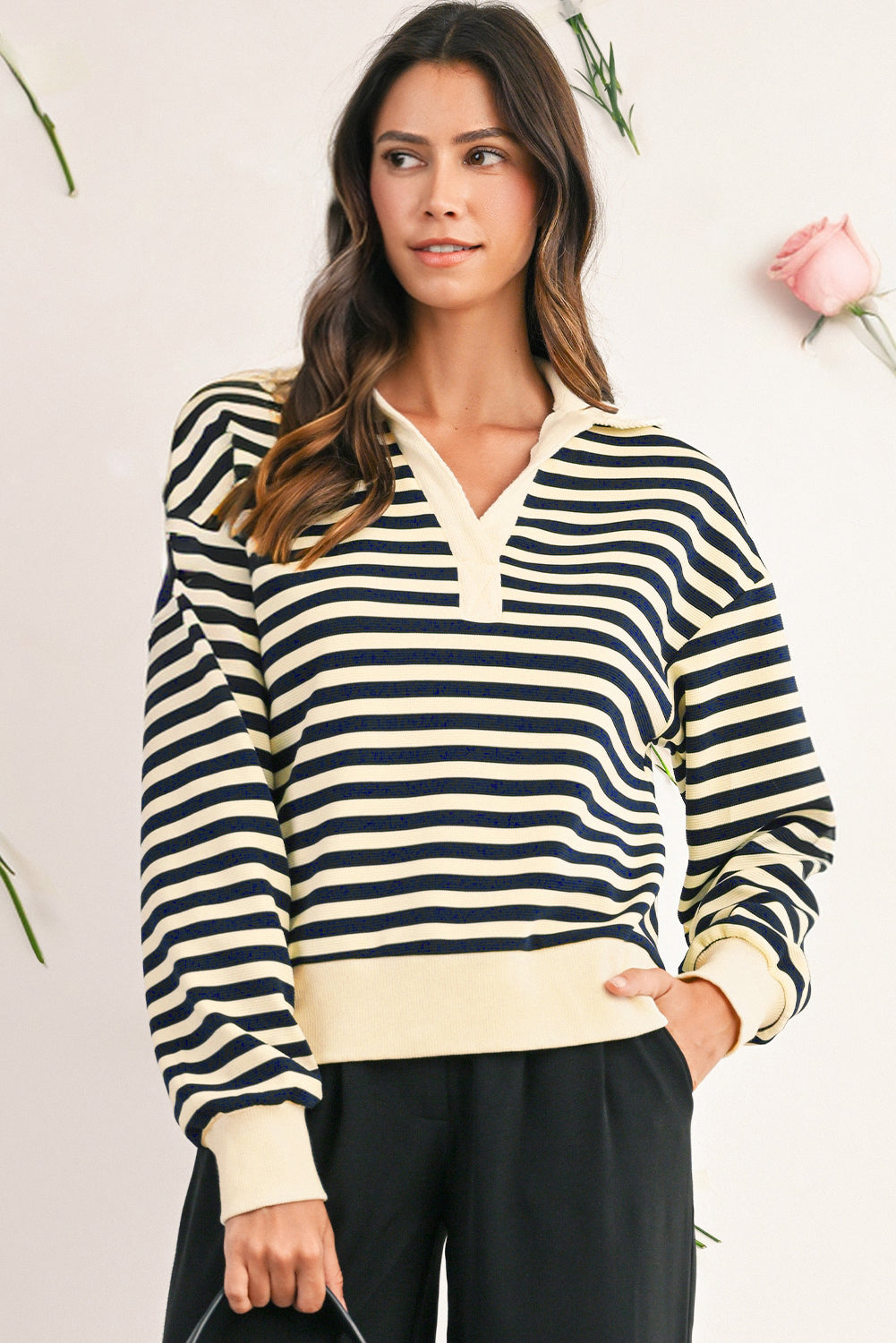 Blue Striped Long Sleeve V Neck Top 8b6b038514fd4583