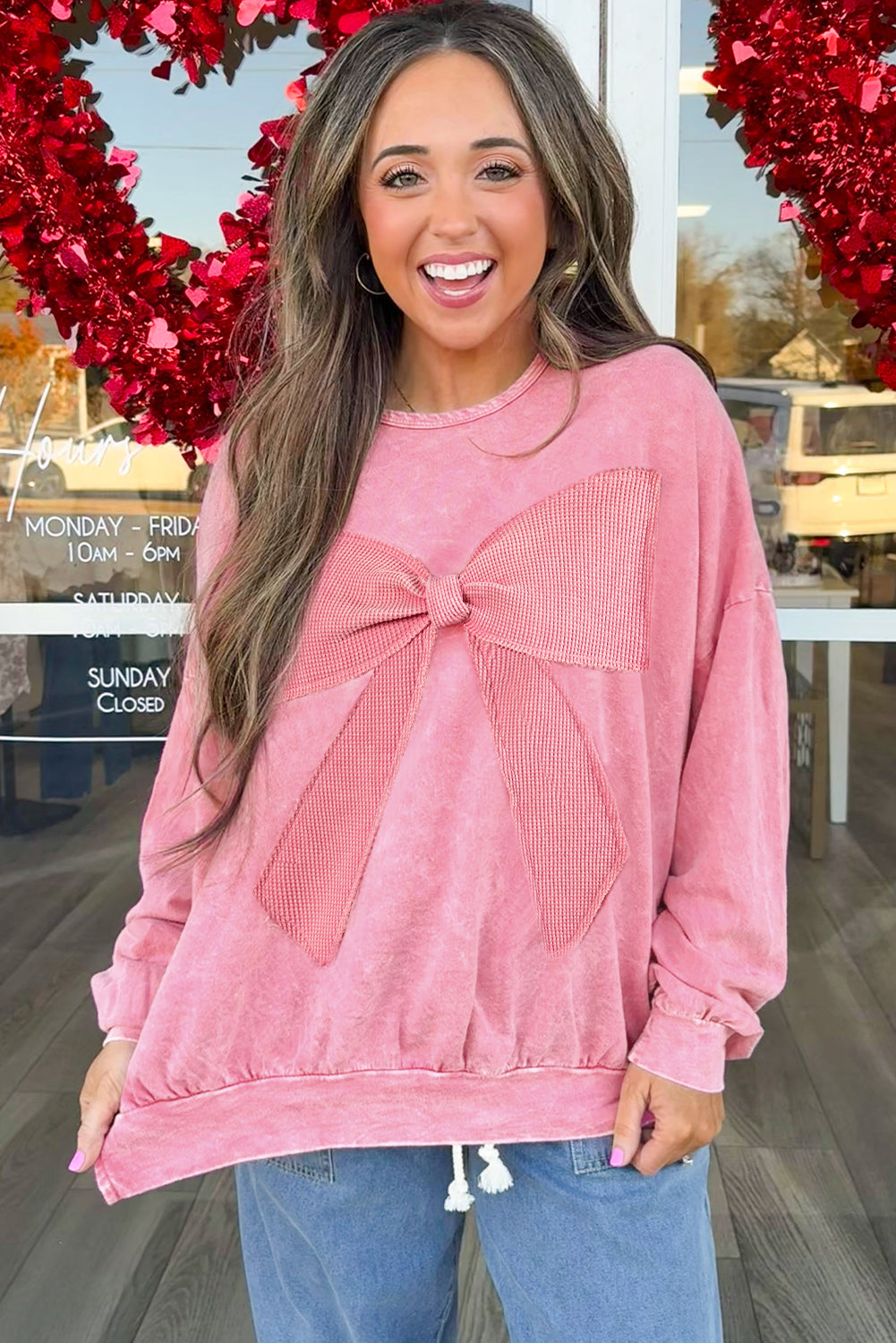 Bright Pink Mineral Wash Waffle Bow Patched Pullover Sweatshirt 8b7208b2ffd002c8