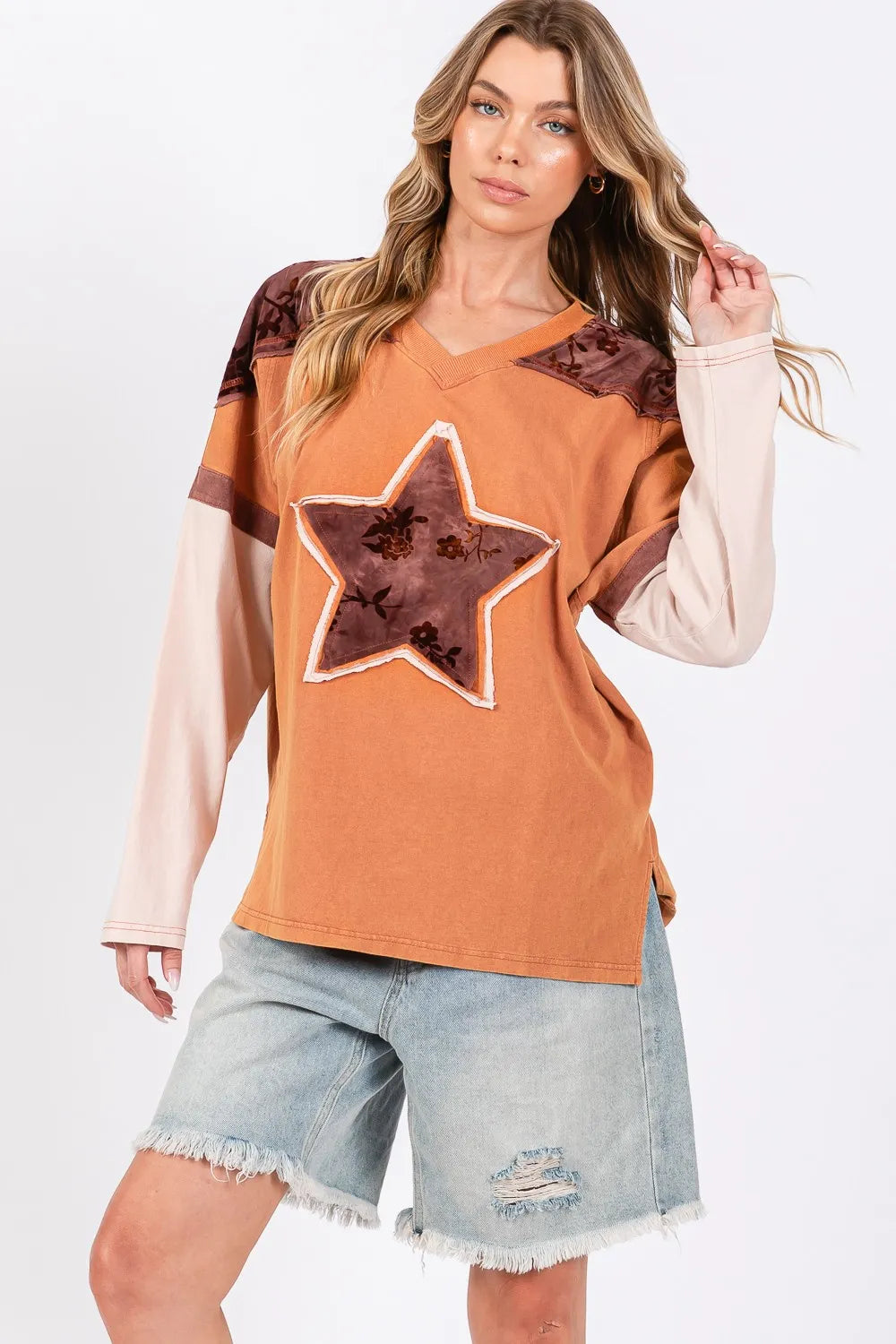 SAGE + FIG Star Patch Long Sleeve Color Block T-Shirt 8b78aa84-29bb-4c0e-bb40-9a0e3b8abbea-Max