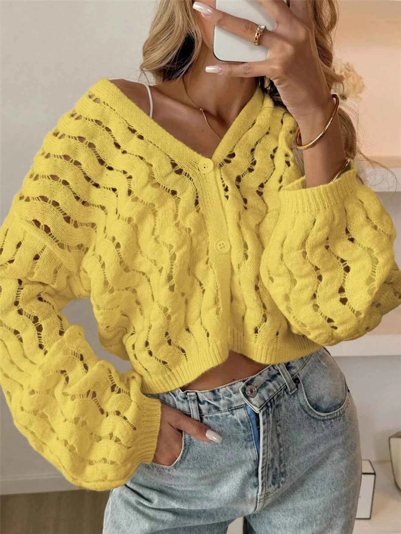 Openwork Button Up V-Neck Cardigan Yellow 8b7ee0c24dad4d258fb8d643126ae1e8-Max-Origin