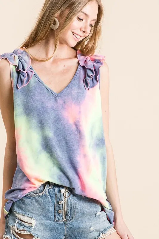 BiBi Tie Dye French Terry V Neck Top with Ruffle 8b88738348ab47d5827828ac43ade1e4-Max-Origin