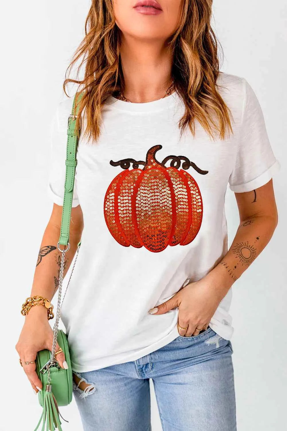 Full Size Sequin Pumpkin Round Neck Short Sleeve T-Shirt White 8b89cb67-540b-44e8-8ff9-13475a6a8f5d-Max