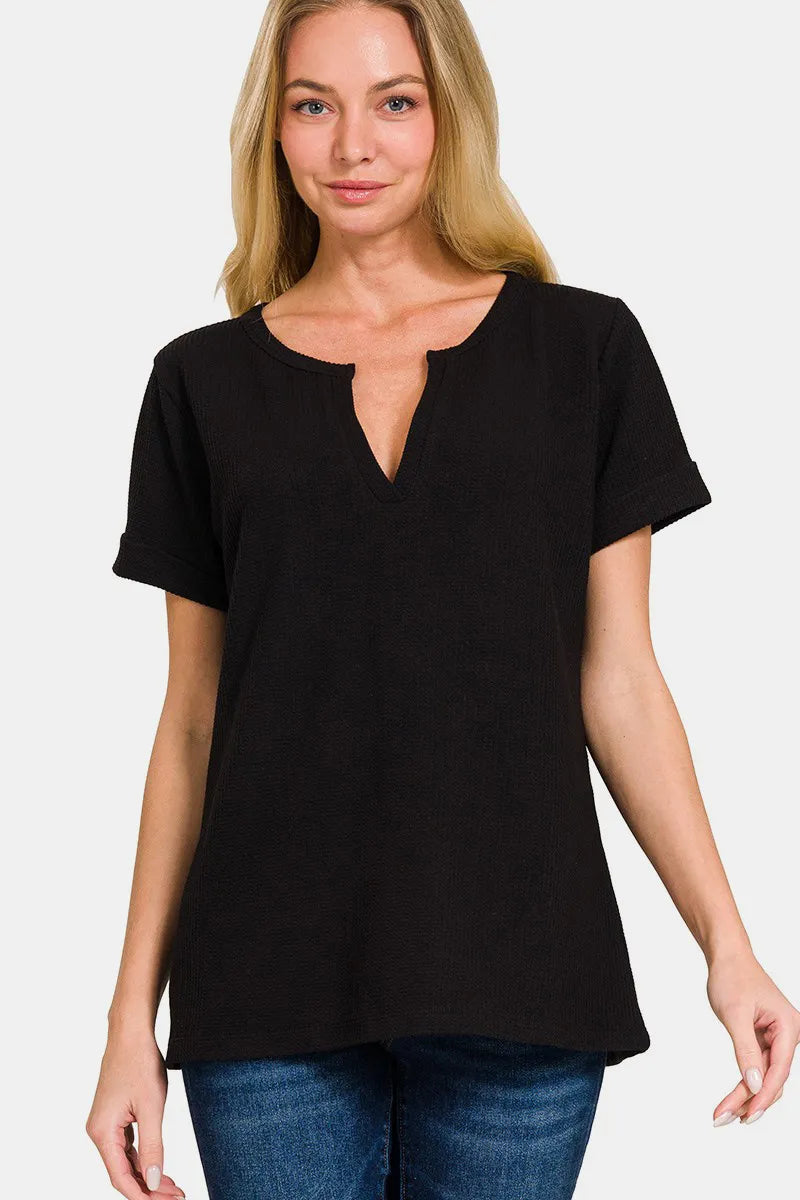 Zenana Notched Short Sleeve Waffle T-Shirt Black 8b8c3887-7ce0-480b-9a36-a25a18f94778-Max