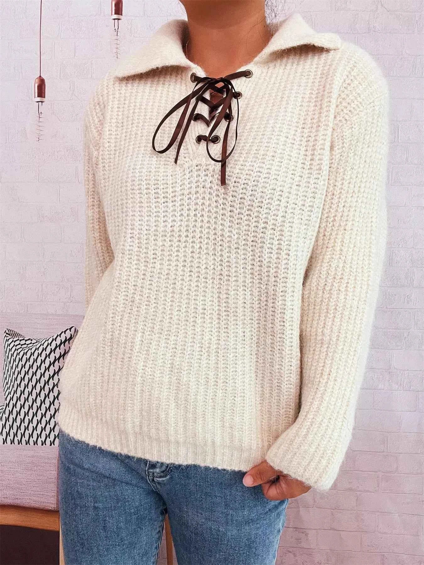 Lace Up Long Sleeve Sweater 8bb9c018a368413bbcc17976e2349676-Max-Origin