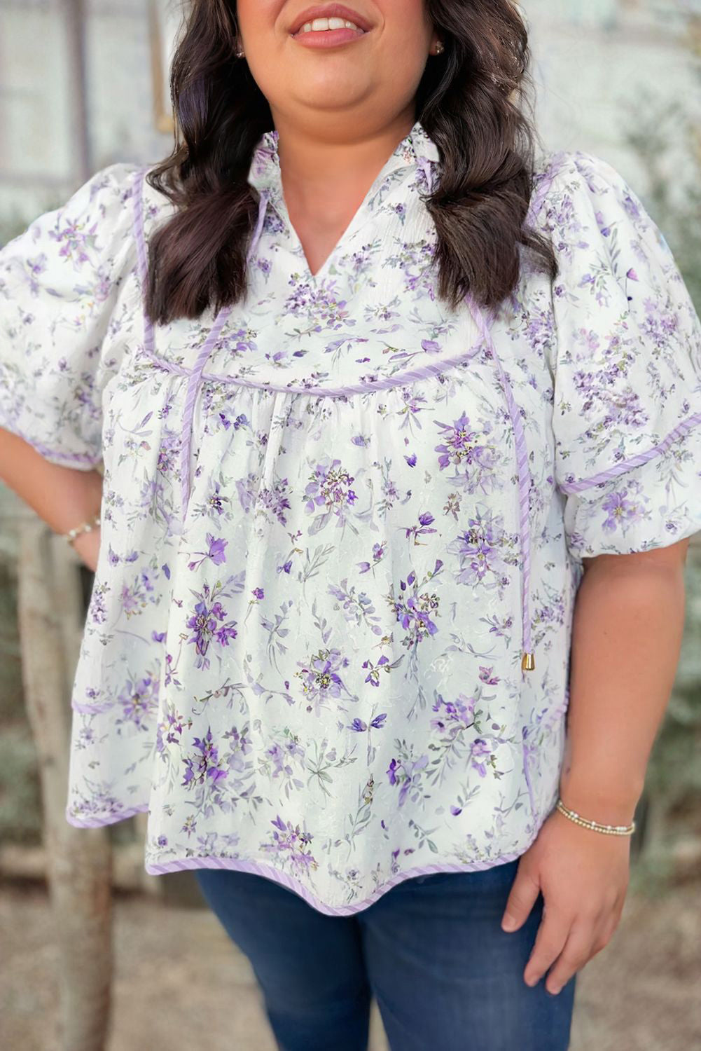 Purple Floral Print Split Neck Plus Size Top Purple 8bc76ff3e3af574e