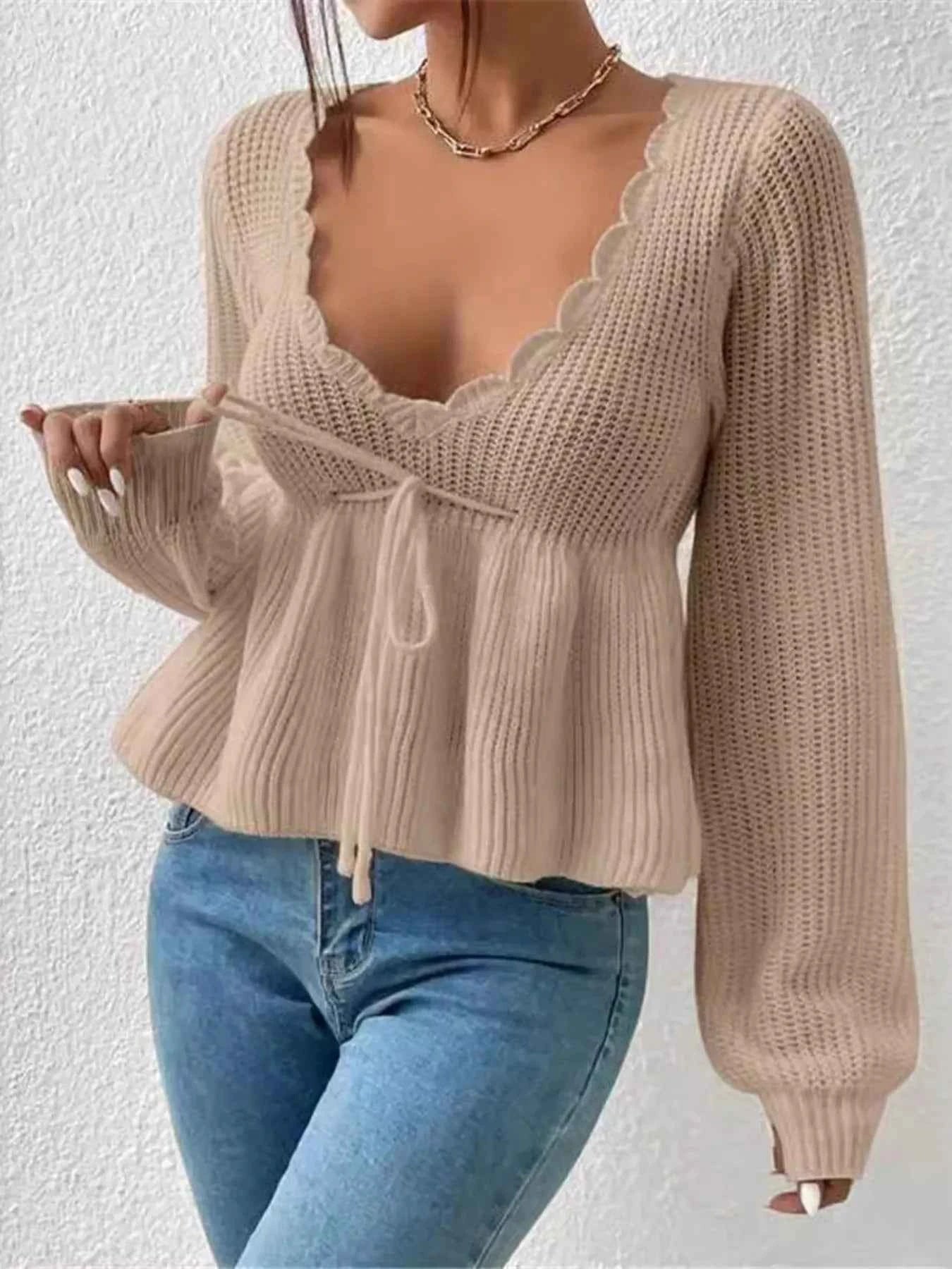 Scalloped V-Neck Drawstring Knit Top 8bcaad1ab0d34bd29ef8ba00fcab86bb-Max-Origin