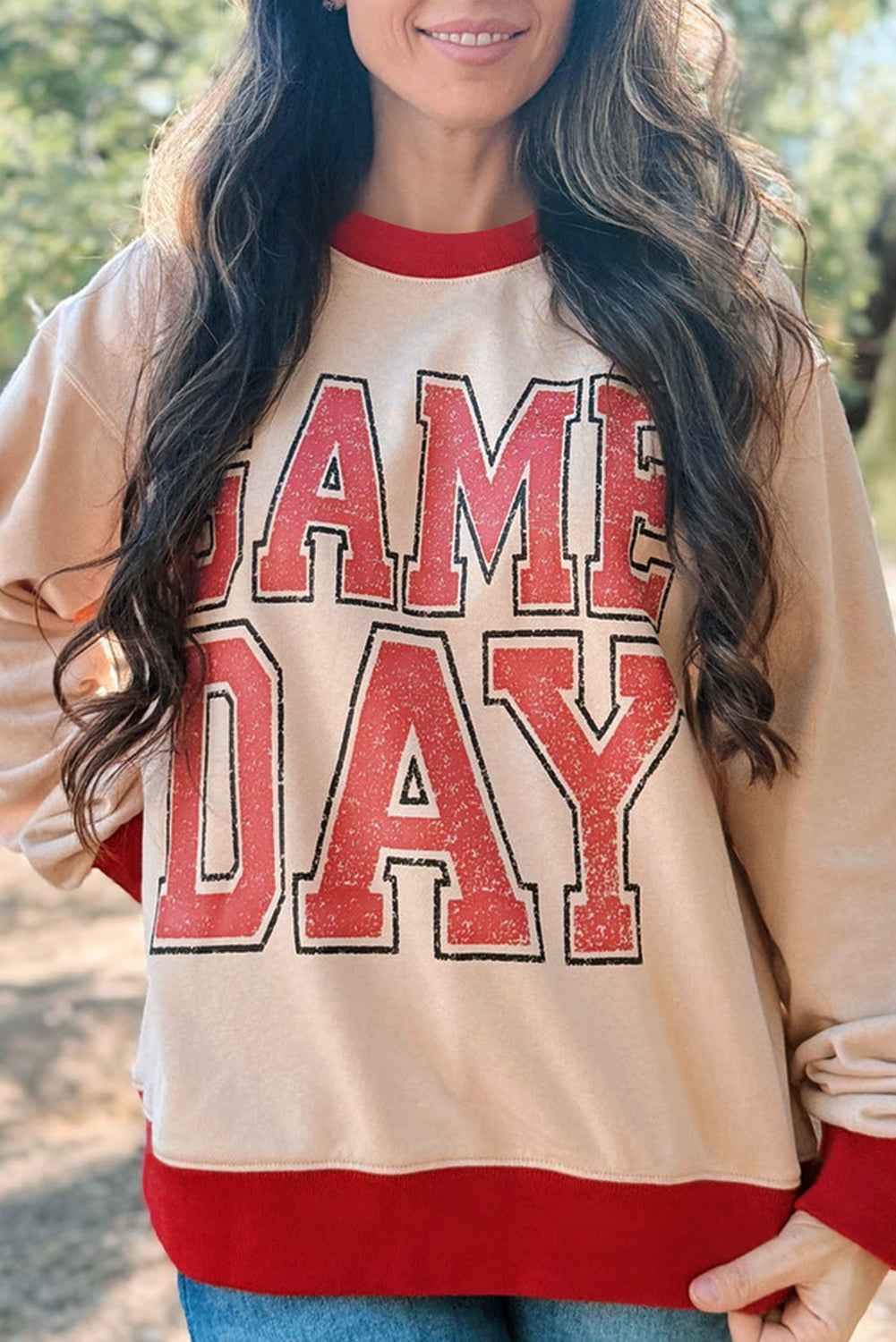 Oatmeal GAME DAY Letter Contrast Trim Baggy Sweatshirt Oatmeal 65%Polyester+35%Cotton 8bcab381987a15b5