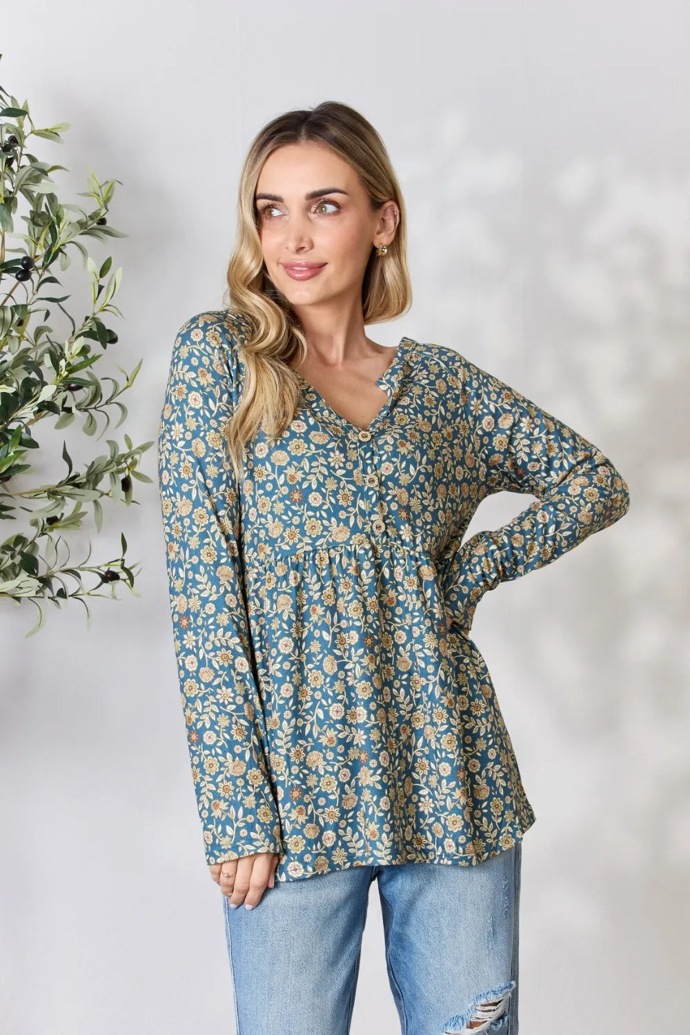 Heimish Full Size Floral Half Button Long Sleeve Blouse Dusty Teal Multi 8bceae161b9143c0ad131062e71d599c-Max