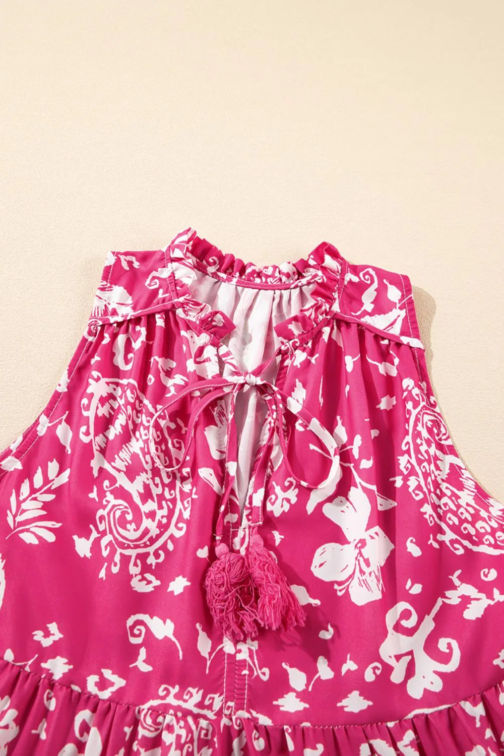 Floral Sleeveless Tasseled Tie Neck Tiered Midi Dress 8c342a6b-b3a1-4793-8584-cc088de8cf28-Max