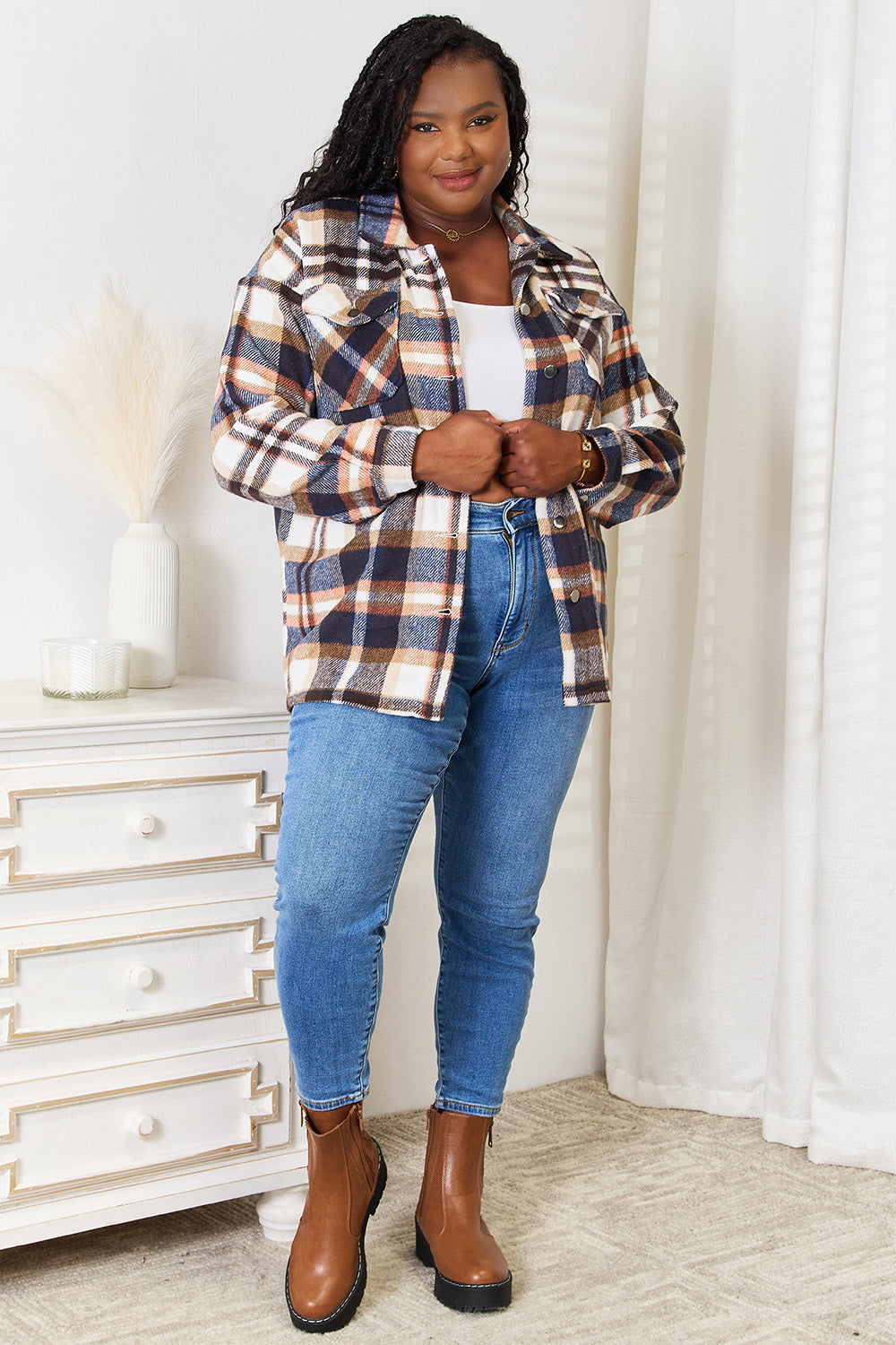 Double Take Plaid Button Front Shirt Jacket with Breast Pockets 8c4680a3d545474aae46c111f48b7774-Max