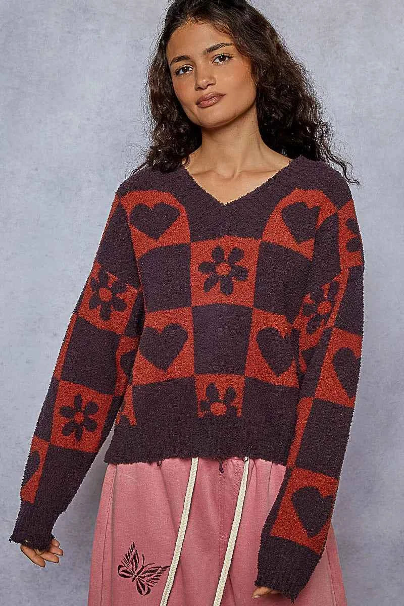 POL V-Neck Heart Pattern Checkered Sweater 8c506131-0983-4716-a366-839706e751db-Max-Origin