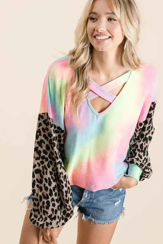BiBi Tie Dye Terry Top with Leopard Puff Sleeves 8c55d84d6cb64f71b94d29eec7332da0-Max-Origin