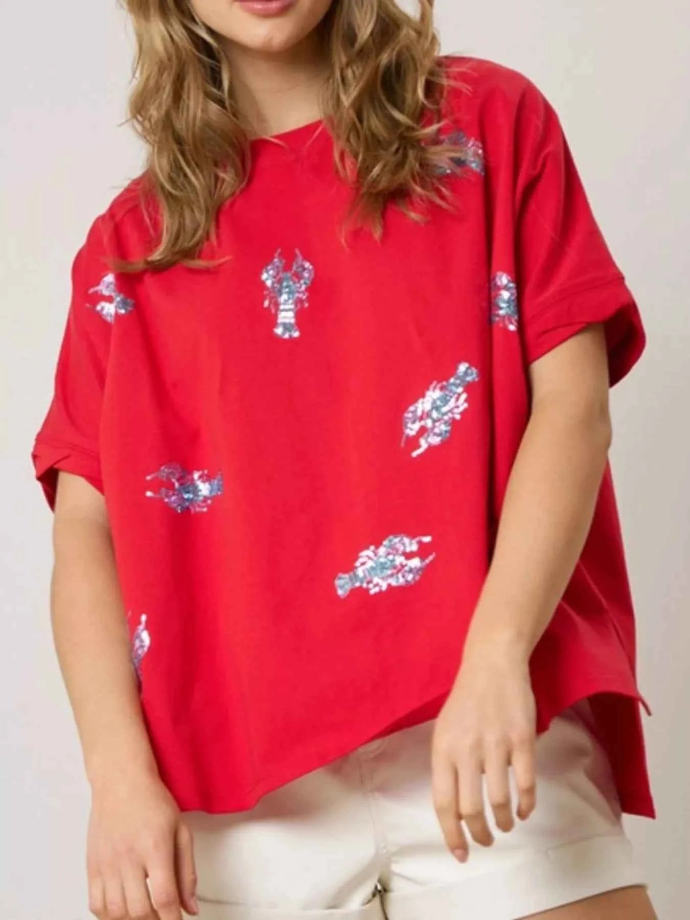 Sequin Lobster Round Neck T-Shirt Red 8c702412-10a9-4ab4-9d76-1f10de8378db-Max-Origin