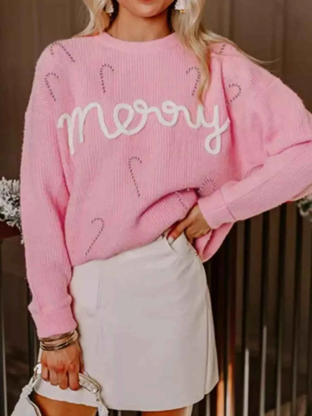 Merry Candy Cane Christmas Crew Neck Sweater Blush Pink 8c72258e-7342-4fcf-8b23-5bc72133c828-Max-Origin