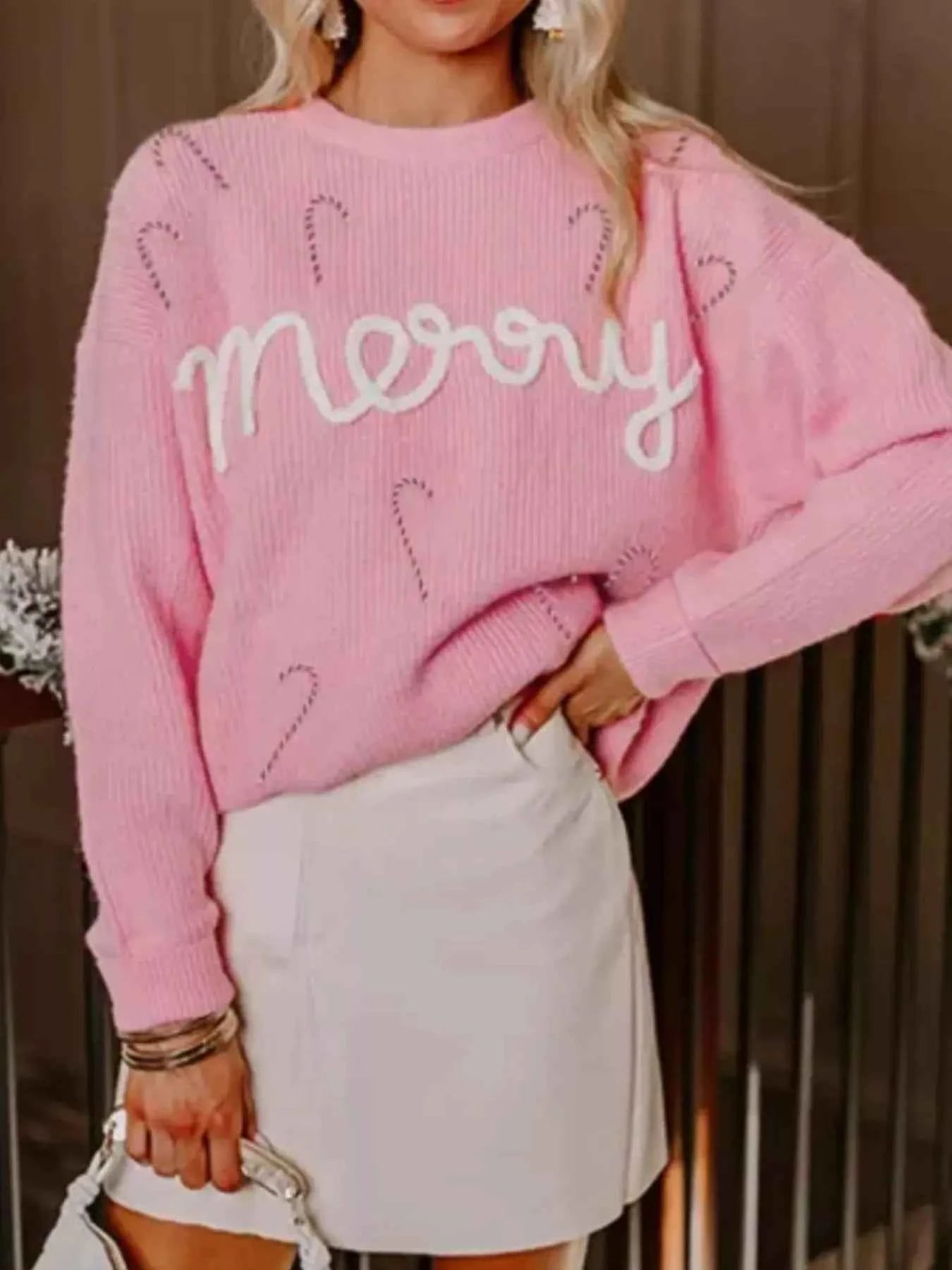 Merry Candy Cane Christmas Crew Neck Sweater Blush Pink 8c72258e-7342-4fcf-8b23-5bc72133c828-Max-Origin