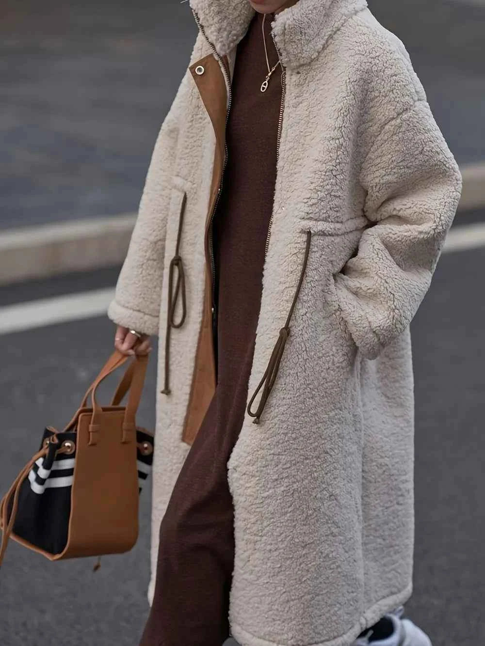 Plus Size Drawstring Zip Up Turtleneck Sherpa Coat Beige 8c7a79e1-c6e2-4cc8-bb92-14303187526f-Max