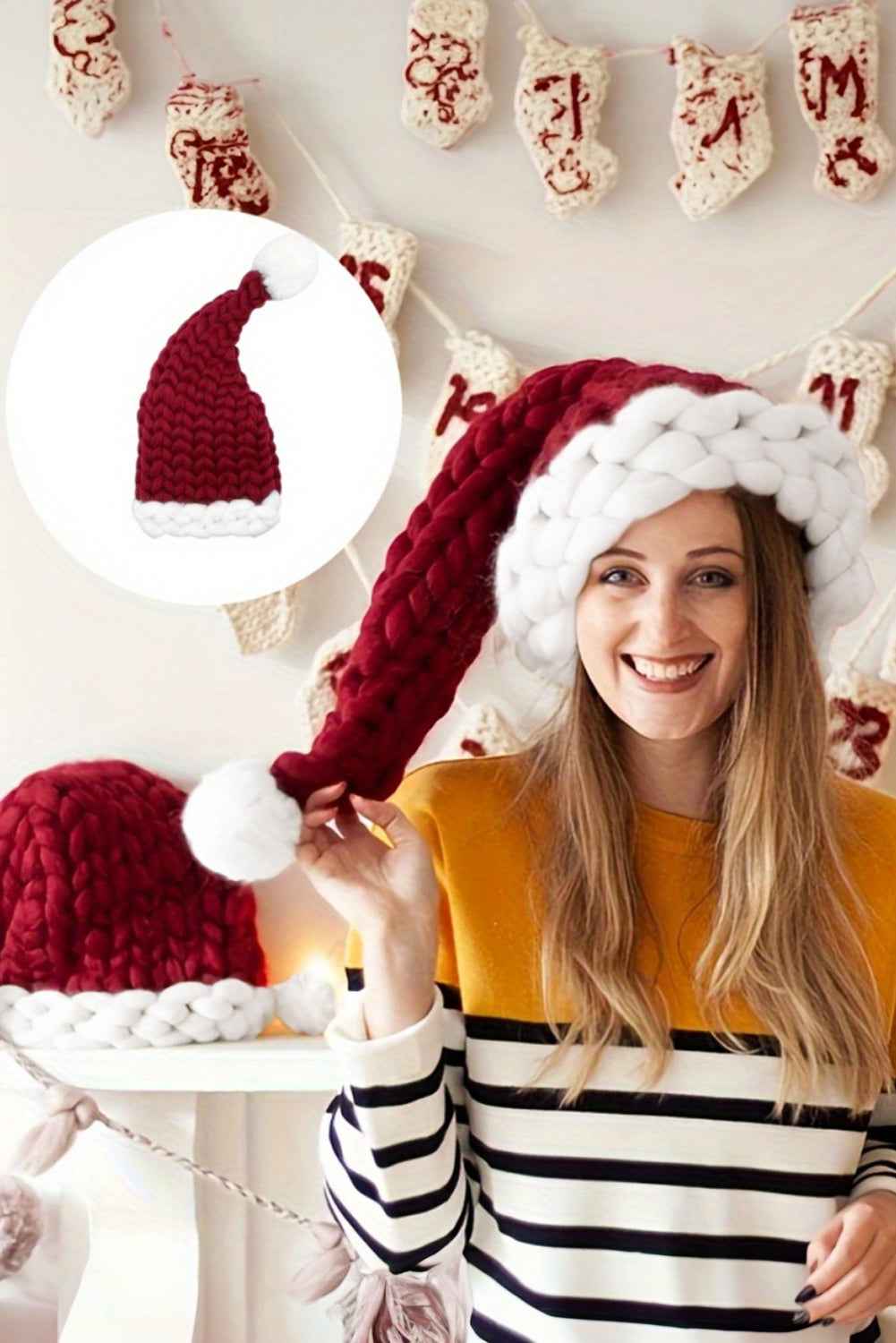 Red Dahlia Color Block Pom Pom Decor Chunky Knitted Christmas Hat 8c7d91ccc79473ce