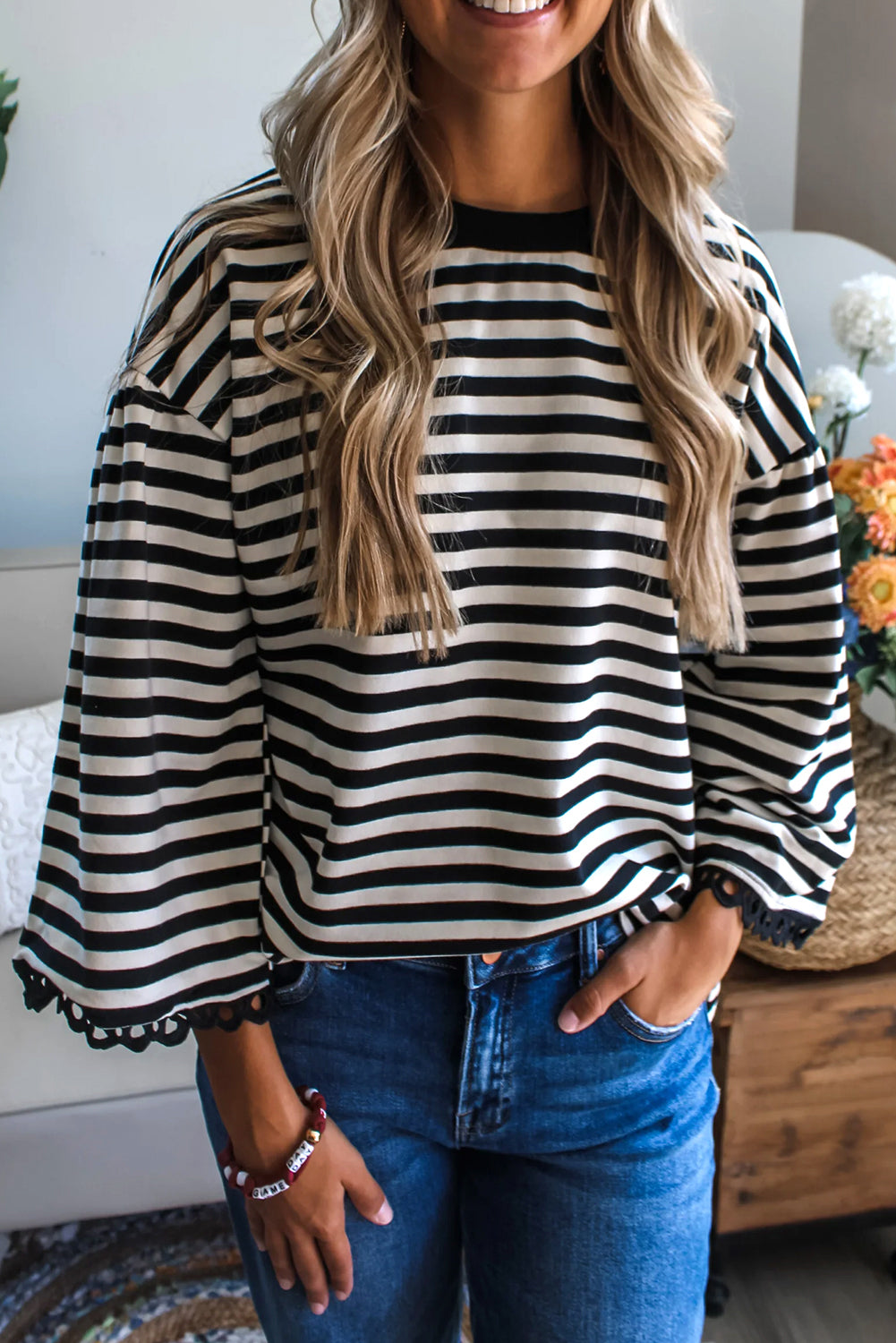 Black Striped Round Neck Contrast Trim Bell Sleeve Top Black 95%Cotton+5%Elastane 8c825218e5665a67