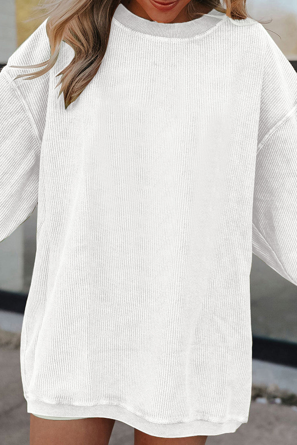 White Drop Shoulder Rib Knit Oversized Sweatshirt 8ca36c2faba71d3e