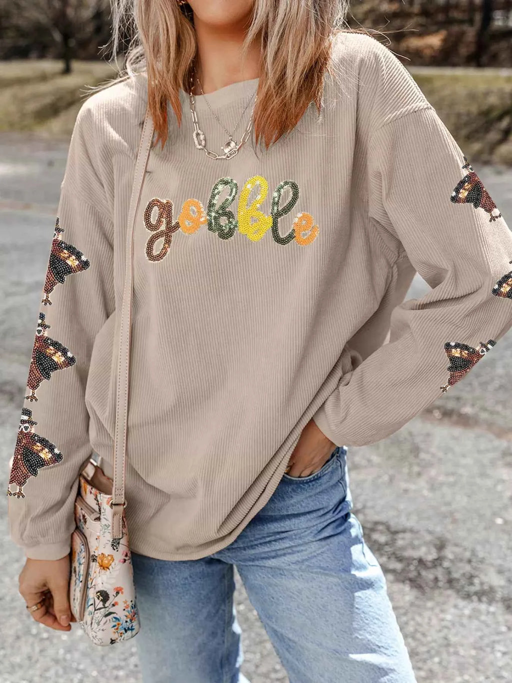 Gobble Corded Ribbed Thanksgiving Turkey Sequin Patched Sleeve Sweatshirt Beige 8cc920e96aed4b2189133cbff7308567-Max-Origin